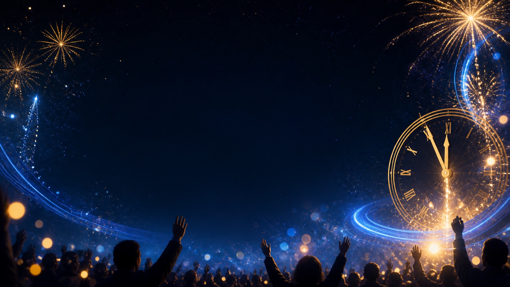 New Year’s sky with golden fireworks and people in worship